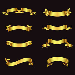 set of gold ribbon banners. ribbon elements. modern luxury ribbons collection. isolated on dark back