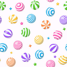 Seamless Pattern With Striped Spheres, Bubble Gum, Round Candies Or Beach Bouncy Balls. Vector Cartoon Background With Colorful Sweet Dragee, Gumballs Or Plastic Sport Toys With Twirls