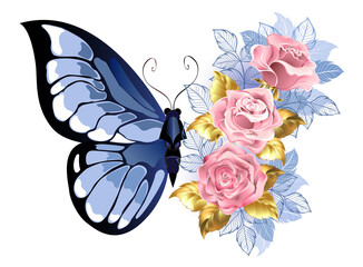 Wall Mural - Blue butterfly with roses