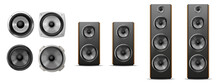 Set Of Different Sound Speakers, Subwoofer, Acoustic Audio For Concert Or Home Cinema Stereo System