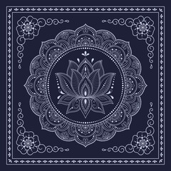 Circular pattern in form of mandala with Lotus flower for Henna, Mehndi, decoration. Blue decorative ornament in ethnic oriental style for a bandana. Outline doodle hand draw vector illustration.