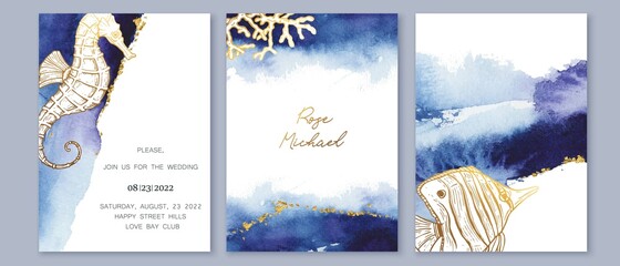 Wall Mural - Set of wedding cards, invitation. Save the date sea style design. Blue, indigo watercolor wash.