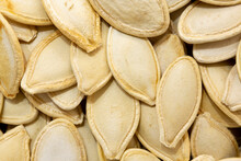 Background Photo Of Pumpkin Seed Grains. Macro View Of Roasted Pumpkin Seeds. Shelled Pumpkin Seeds In The Middle In Selective Focus.