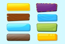 Ui Panel Buttons. Wood Game Button, Menu Board Design Elements. Cartoon Graphics Gaming Web App, Mobile Environment Bar Recent Vector Set