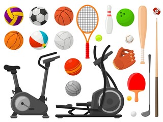 Wall Mural - Cartoon sport equipment. Ball collection, flat balls and racket, golf accessories. Gym elements, sporting and outdoor activity recent vector objects