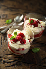 Poster - Homemade meringue trifle with custard and raspberries