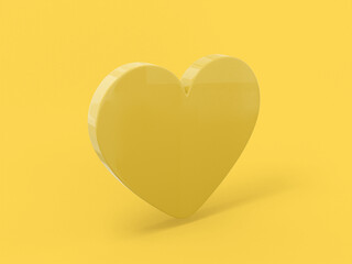 Poster - Flat yellow single color heart on a yellow background. Minimalistic design object. 3d rendering icon ui ux interface element.