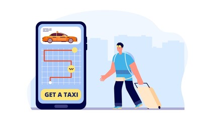 Poster - taxi service. online app for transportation. guy with luggage using mobile car rent. touristic conce