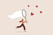 © Nuthawut - Searching for passion, motivation or work inspiration, finding relationship, romance dating, desire or aspiration concept, business woman using butterfly net to catch flying passionate lovely heart.