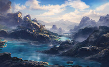 Mountain River Flows Through A Fantasy Landscape Gorge. A Big Blue Lake In The Middle Of The Mountains. Fabulous Nature, Amazing Seascape. Illustration