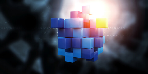 Poster - Floating shiny cube network . Mixed media