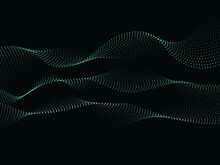 Set Of Abstract Wavy Dotted Curved Lines, Irregular Neon Gradient Faded Turquoise Sound Waves. Dark Technology Background. Tech Concept. Vector Illustration, Eps 10.