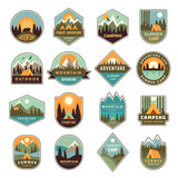 Fototapeta  - Summer camp badges. Mountain exploring labels outdoor adventure of scout in forest nature emblem recent vector templates set isolated