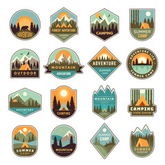 Wall Mural - summer camp badges. mountain exploring labels outdoor adventure of scout in forest nature emblem rec