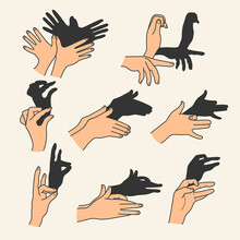 Hands Gestures Shadow. Antique Gaming Puppets From Hands Different Theatral Action Animals Bear Rabbit Birds Recent Vector Symbols