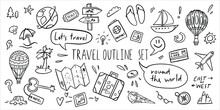 World Tour Outline Doodle Set. Drawing Line Vector Sketches. 