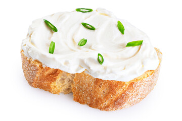 Wall Mural - Toasted bread with cream cheese and green onions isolated on white background. With clipping path.