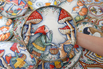 Wall Mural - Gzhel, russian ware. Porcelain. Table setting, traditonal national russian folk handicraft: gzhel. Gzhel plate, ware with gzhel painting by Stirada. Russian craft ware. Russian traditonal national art