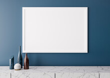 Empty White Picture Frame On Blue Wall In Modern Living Room. Mock Up Interior In Minimalist Style. Free Space, Copy Space For Your Picture. Marble Console And Vases. 3D Rendering. Close Up View.