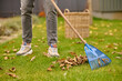 © zinkevych - Male feet on lawn and rake near leaves