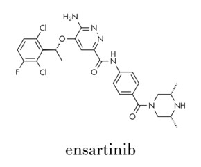 Sticker - Ensartinib drug molecule. Skeletal formula.