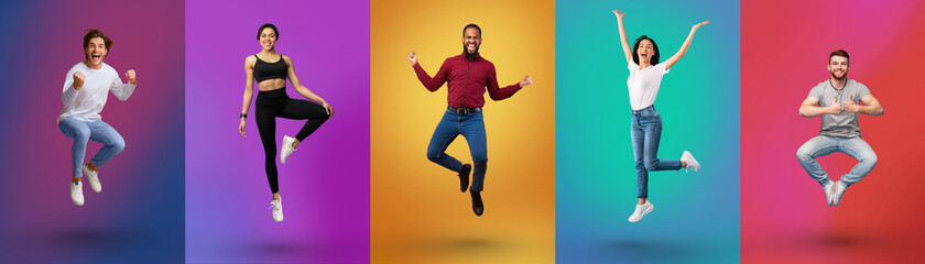 Wall Mural - Collage of cheerful multiracial young people jumping over colorful neon backgrounds, panorama