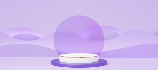 Wall Mural - Empty white cylinder podium with gold border on purple wave background. Abstract pastel minimal studio 3d geometric shape. Mockup space for display of product design. Paper cut style. 3d rendering.