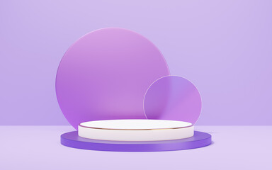 Wall Mural - Empty white marble cylinder podium with gold border on glass arch circle purple background. Abstract minimal studio 3d geometric shape object. Mockup space for display of product design. 3d rendering.