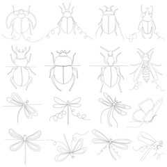 dragonfly, beetle, set of sketch drawing by one continuous line, vector, isolated