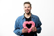 © be free - Keeping love in his heart. Romantic greeting. Valentines day sales. Love and romance. Happy man with decorative heart. Date. unshaved man isolated on white. Valentines day party