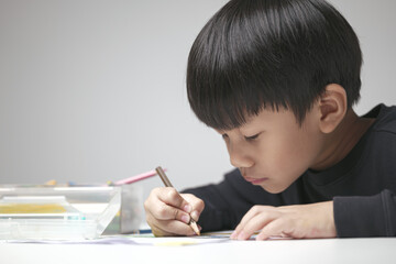 Wall Mural - Asian boy about 5 years doing his homework, drawing and painting picture with color pencil.