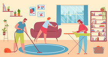 Family Cleaning Home And Doing Chores Together. Vector Household And Housekeeping Routine At House Illustration