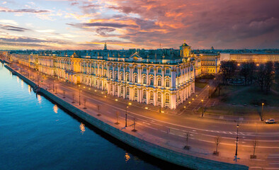 Wall Mural - Saint Petersburg embankment. Russia Winter evening. Lights of evening Saint Petersburg. Building of Winter Palace. Palace Embankment in Petersburg. Russian city in early morning. 