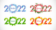 2022 Set Of Icons. Creative Seasonal Decorations. Horizontal Logotype Concepts. Web Banner Idea. Abstract Isolated Graphic Design Template. Collection Of Digits With Flowers, Leaves And Snowflakes.