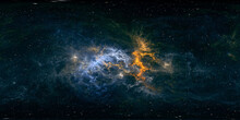 360 Degree Space Background With Nebula And Stars, Equirectangular Projection, Environment Map. HDRI Spherical Panorama.