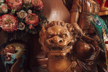 Imperial Guardian Lion Sculpture Wood, At Worship Of Temple Chinese