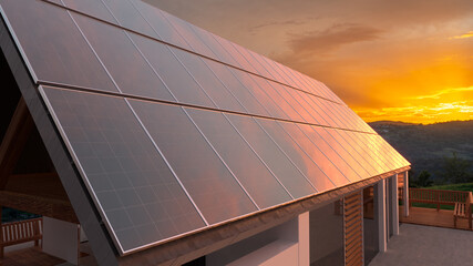 Wall Mural - photovoltaic panels on the roof of the house during a beautiful sunset