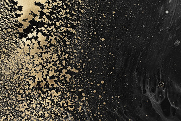 Wall Mural - Fluid Art. Golden metallic particles and black waves. Marble effect background or texture