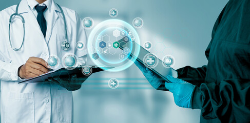 Medicine doctor using digital healthcare and network connection on hologram modern virtual screen interface icons, Medical technology futuristic concept.