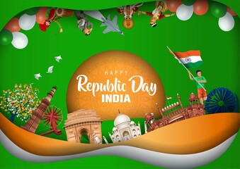 Wall Mural - Happy republic day India 26th January. Indian monument and Landmark with background , poster, card, banner. vector illustration design