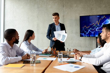 Poster - Business Problems. Disappointed Boss Showing Financial Reports To Workers During Corporate Meeting
