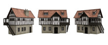 Medieval Half Timber House With Stairs On The Side. 3D Rendering With 3 Different Angles Isolated On White.