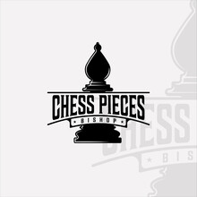 Chess And Bishop Piece Logo Vintage Vector Illustration Template Icon Graphic Design. Retro Sign Or Symbol For Chess Tournament Or Club