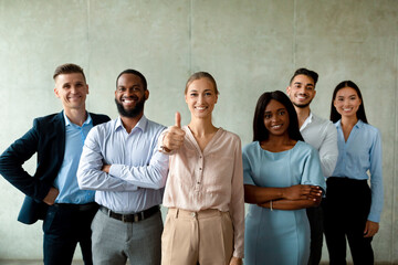Poster - Successful Careership. Multiethnic Business People Posing Together Over Gray Wall Background