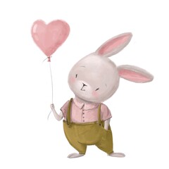 cute little hare with heart balloon, watercolor style illustration, valentines clipart with cartoon character