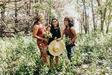 Group Of Women Laughing In A Forest Surrounded By Plants