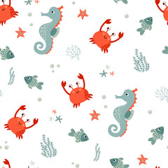 Wall Mural - Seamless pattern with seahorse and crab. Hand-drawn style. Design for decorating a nursery.	