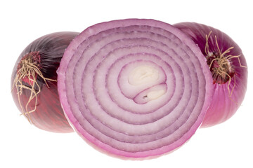 Group of whole and half vegetables of red onion isolated on white background, close up