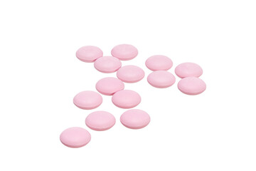 Poster - large pile of pink pills isolated on white background