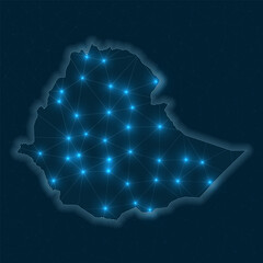 Poster - Ethiopia network map. Abstract geometric map of the country. Digital connections and telecommunication design. Glowing internet network. Creative vector illustration.